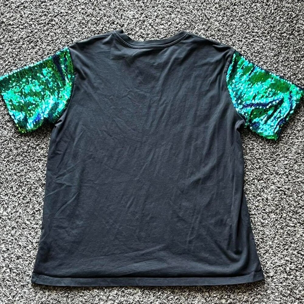 Topshop Black Grateful Dead Tee Size 6 Green/Blue Sequin Sleeves Eclectic Grunge - Picture 5 of 7